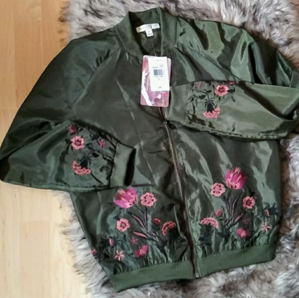 Love Fire Olive Green Bomber Jacket Embroidered
